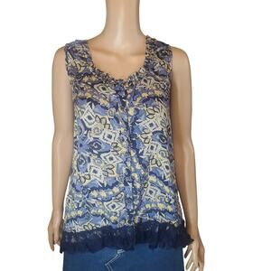 Angie Boho Tank Top Lace Bubble Hem Ikat Button Front Blue Print L NEW